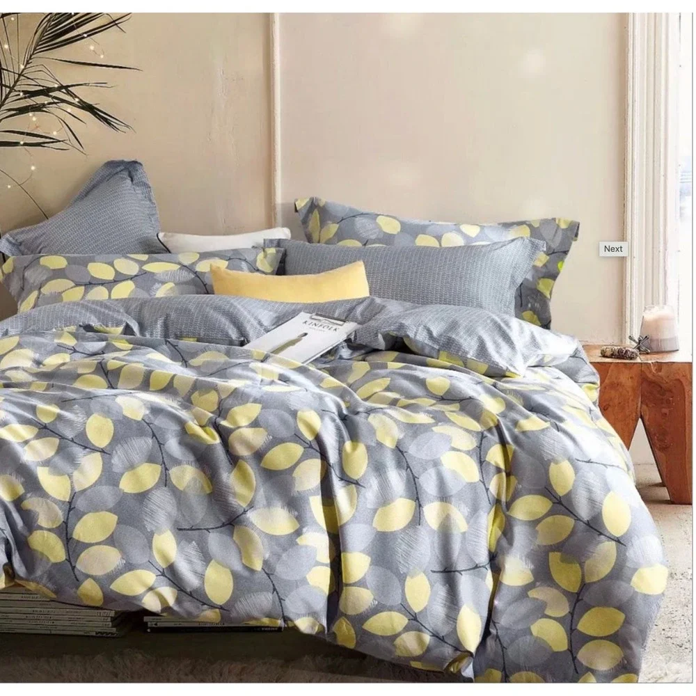 Floral Stitch Gray Yellow 100% Cotton‎ Reversible Duvet Cover Set Queen/Full